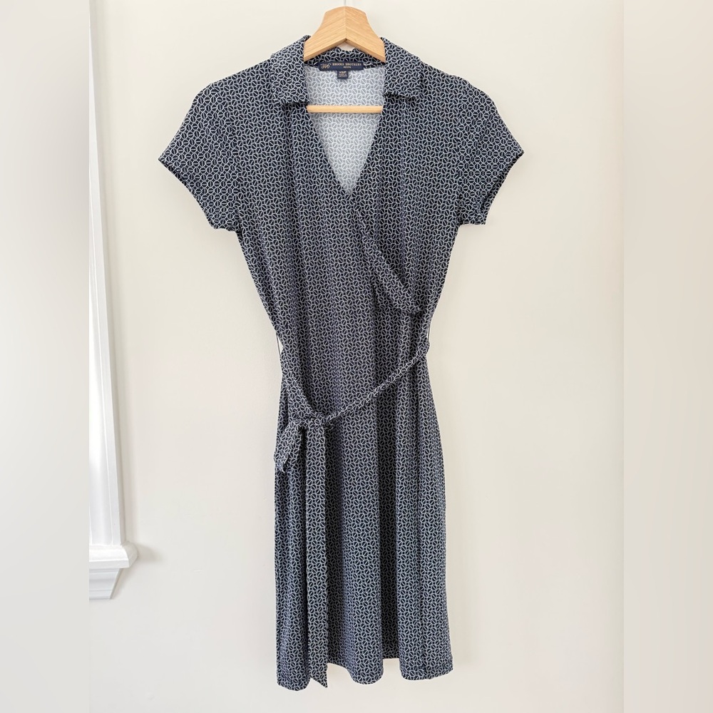 Brooks Brothers 346 Geometric Print Faux Wrap Stretch Navy & White Petite Dress